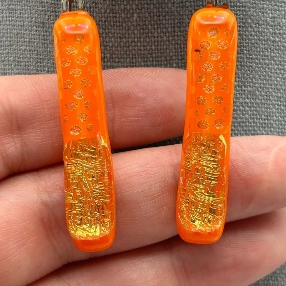 Sterling Silver 925 Hook Orange Resin Dangle Earrings with Gold Tone Flakes